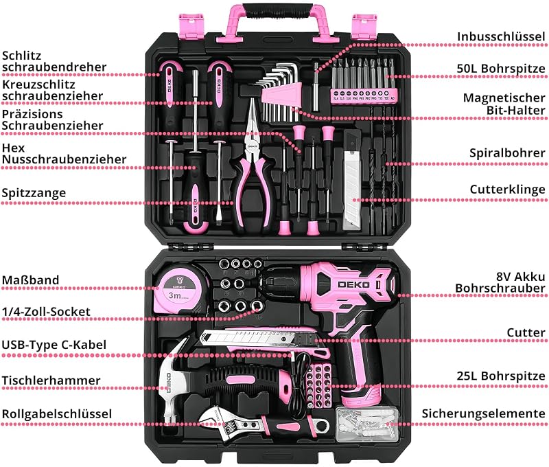 Set de scule DEKO cu șurubelniță cu acumulator și trusă, 126 piese, pentru bricolaj în birou și grădină, roz