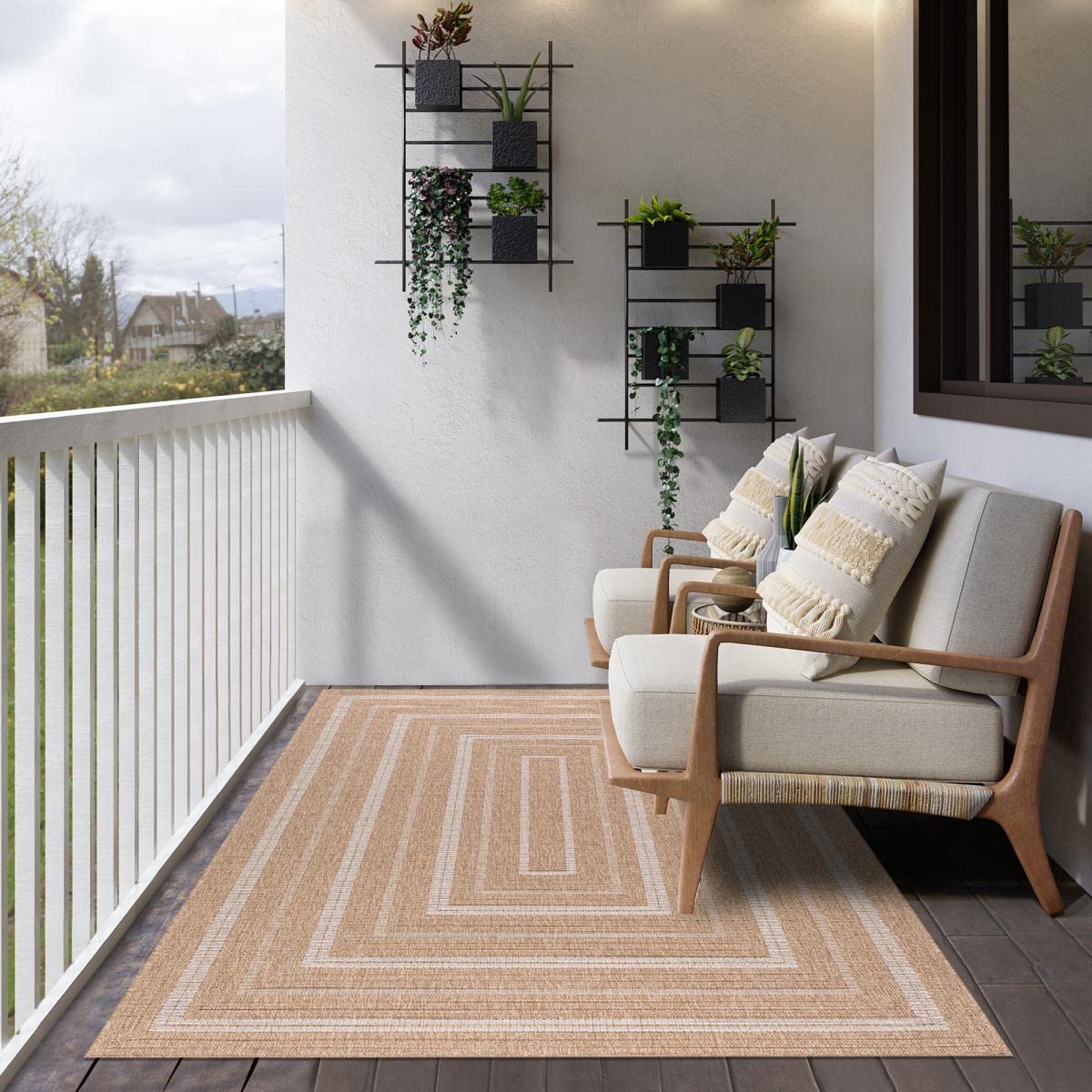 Tapis Exterieur 60 X 90 Cm, Rectangulaire Format Pratique, Motif Géométrique Graphique Lignes Concentriques, Beige, Blanc, Kilim Tissé Turquie, 7351