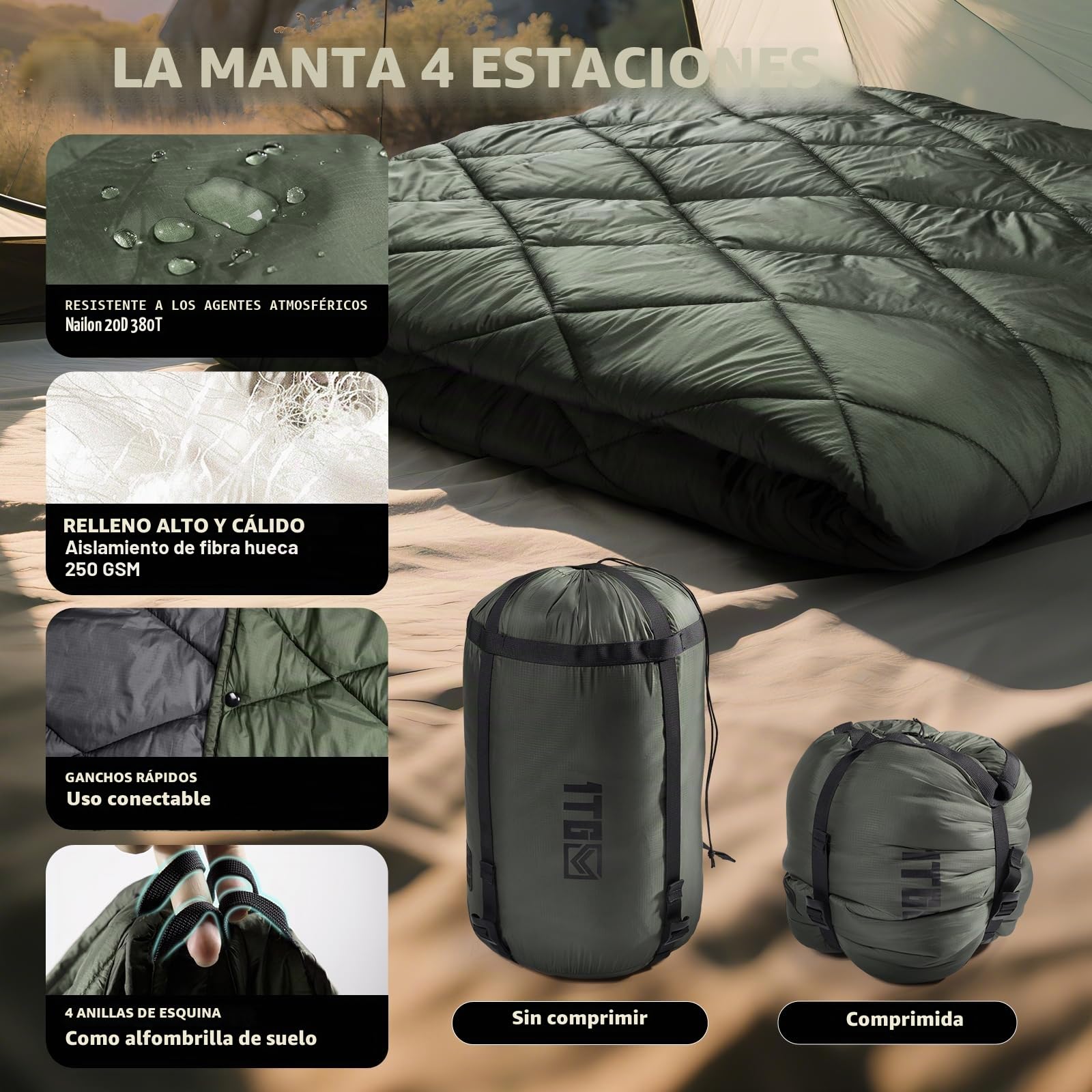 1TG Tactical Manta Camping Compacta, Manta de Acampada Ligera & Impermeable, para Senderismo, Coche, Estadio, Pesca - Lavable a Máquina (M -190x132CM L-158x208CM)