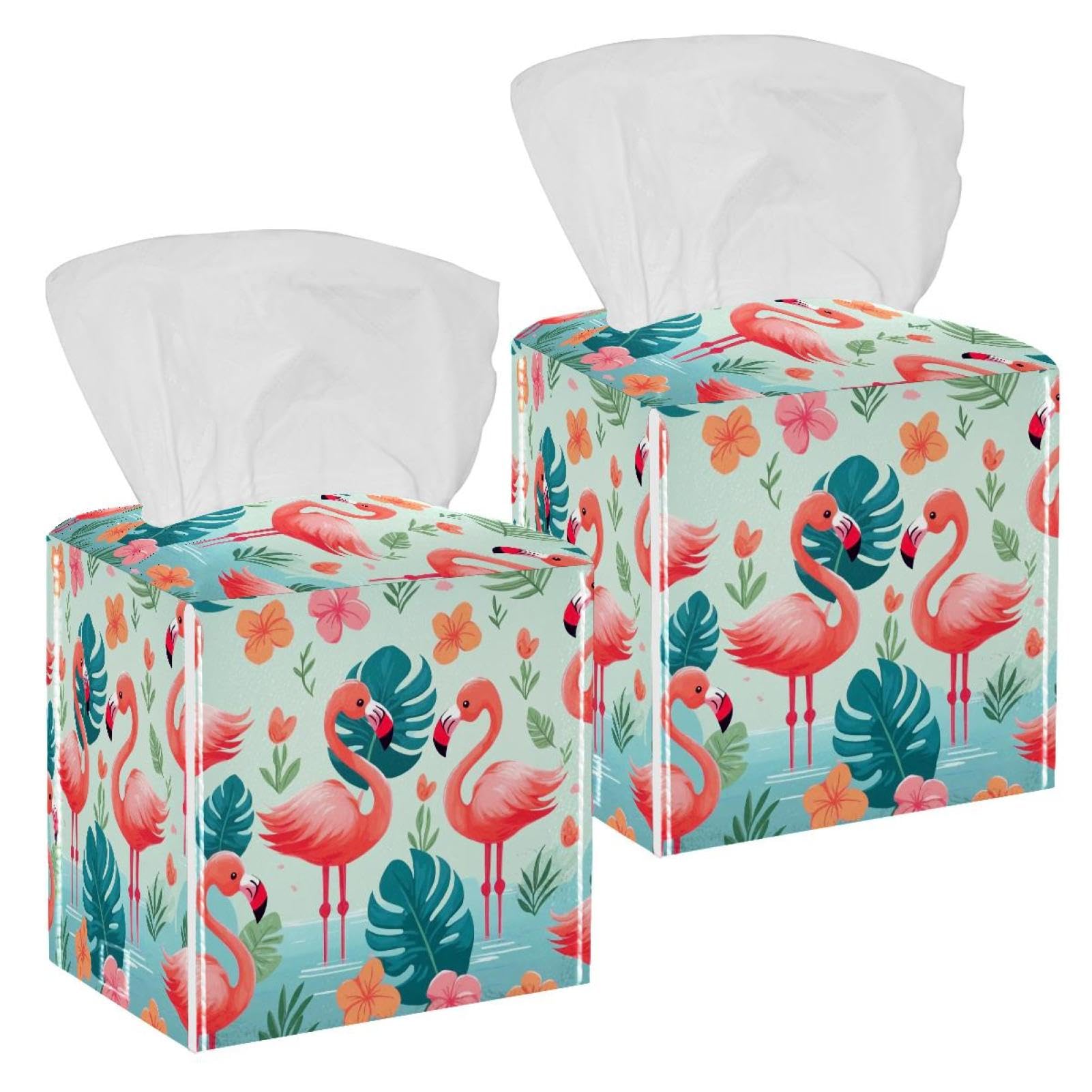 Flamingo Tissue Box Cover, 2 Pack PU Leather Square Facial Tissue Dispenser Box holder for Home Office Car