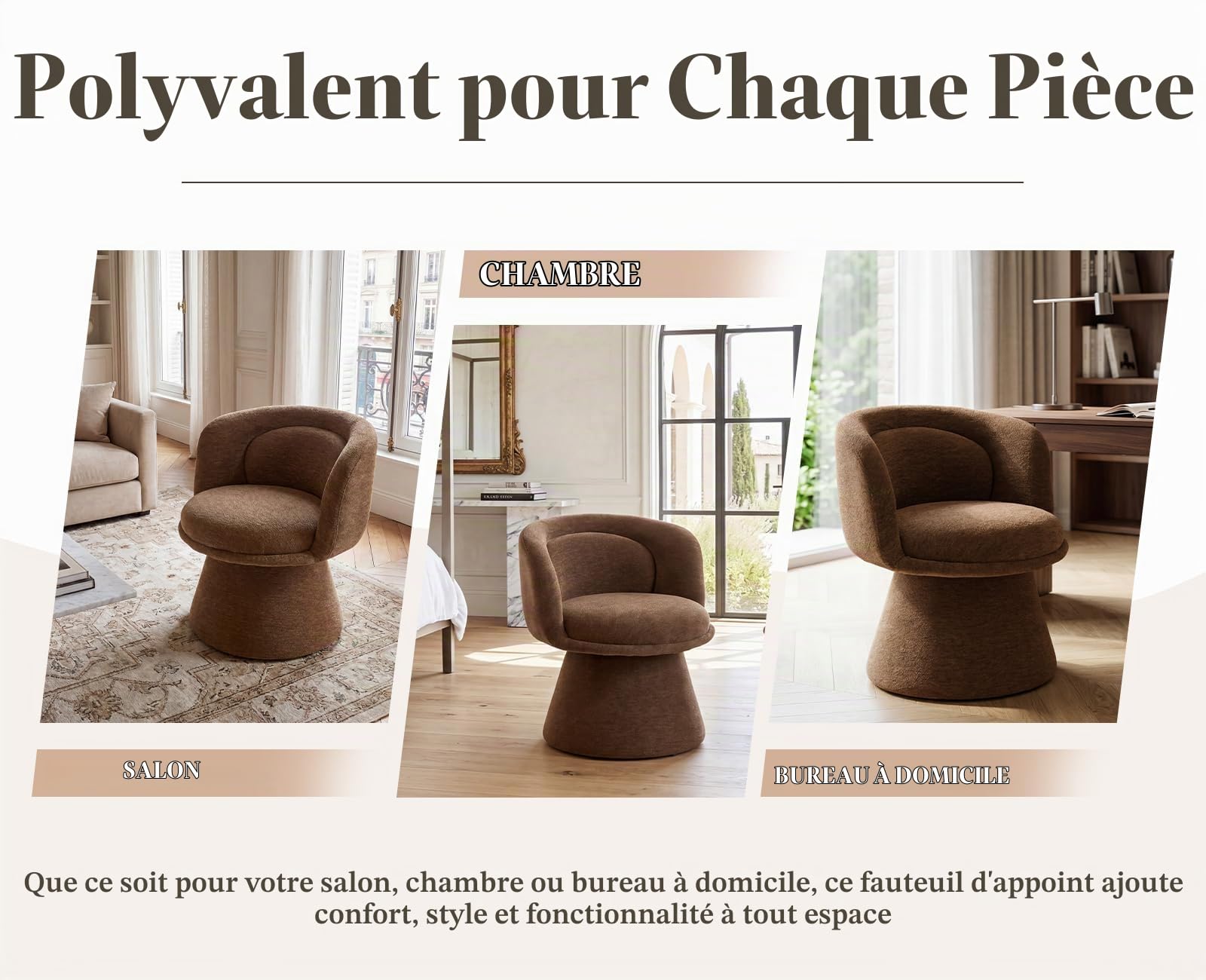 Fauteuil de Salon Confortable, Pivotant&Rembourré, Chenille Marron