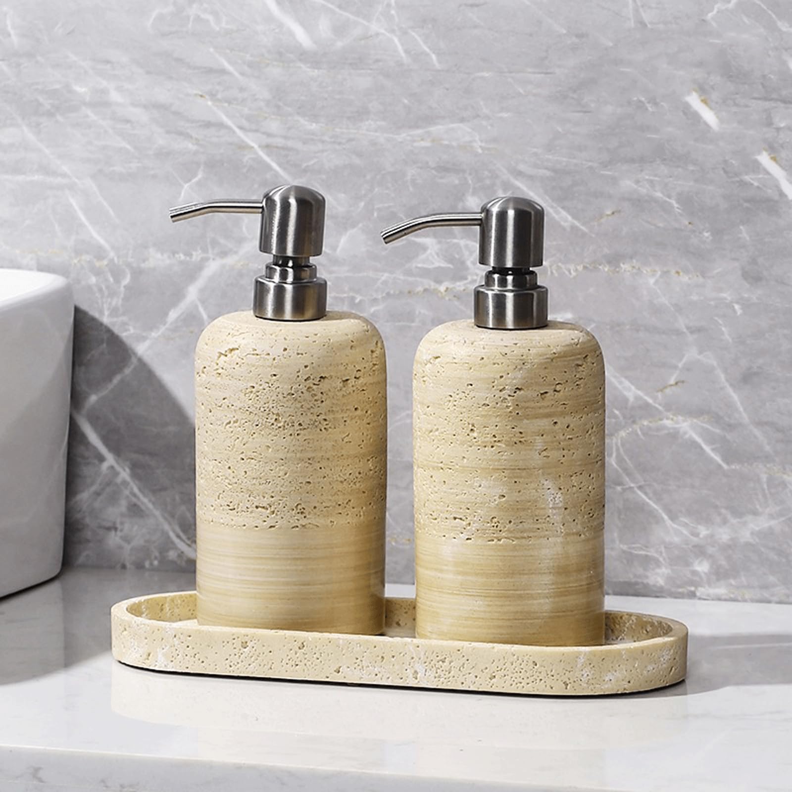 Rustikaler Steinschaum-Seifenspender mit silberfarbener Pumpe, nachfüllbar, handschäumende Seifenpumpe für Bad und Küche, Arbeitsplatte, stilvolle Shampoo-Flasche für Heimdekoration