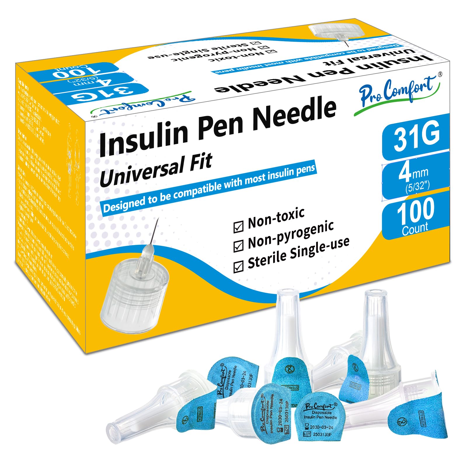 Insulin Pen Needle 31G 4mm (5/32") 100 Count, Diabetic Pen Needles for Injections Universal Fit with Most Diabetes Pens Comfortable Sterile