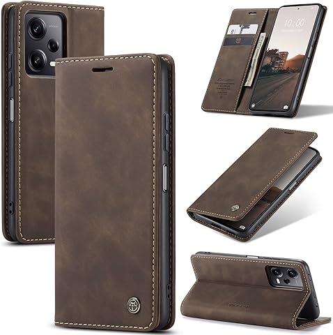 UFinetech Xiaomi Redmi Note 12 Pro Plus 5G Kılıf - İnce Deri TPU Cüzdan Redmi Note 12 Pro+ 5G Kılıf, Manyetik Kapaklı, Destek Standı, Kart Tutucu - Erkek Kadın, Kahve için Darbeye Dayanıklı Koruma