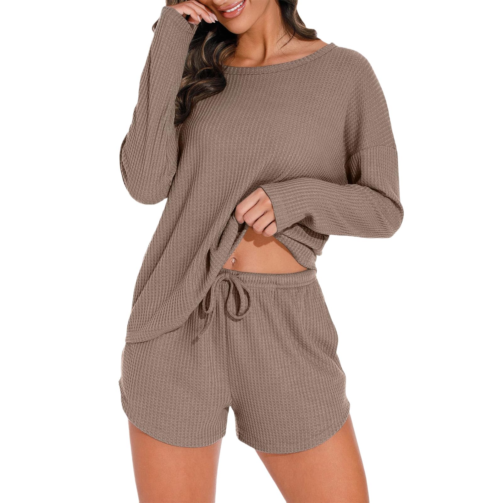 Womens 2 Piece Loungewear Sets Lightweight Waffle Knit Set Casual Long Sleeve Shirts Lounge Shorts Comfy Soft Sets