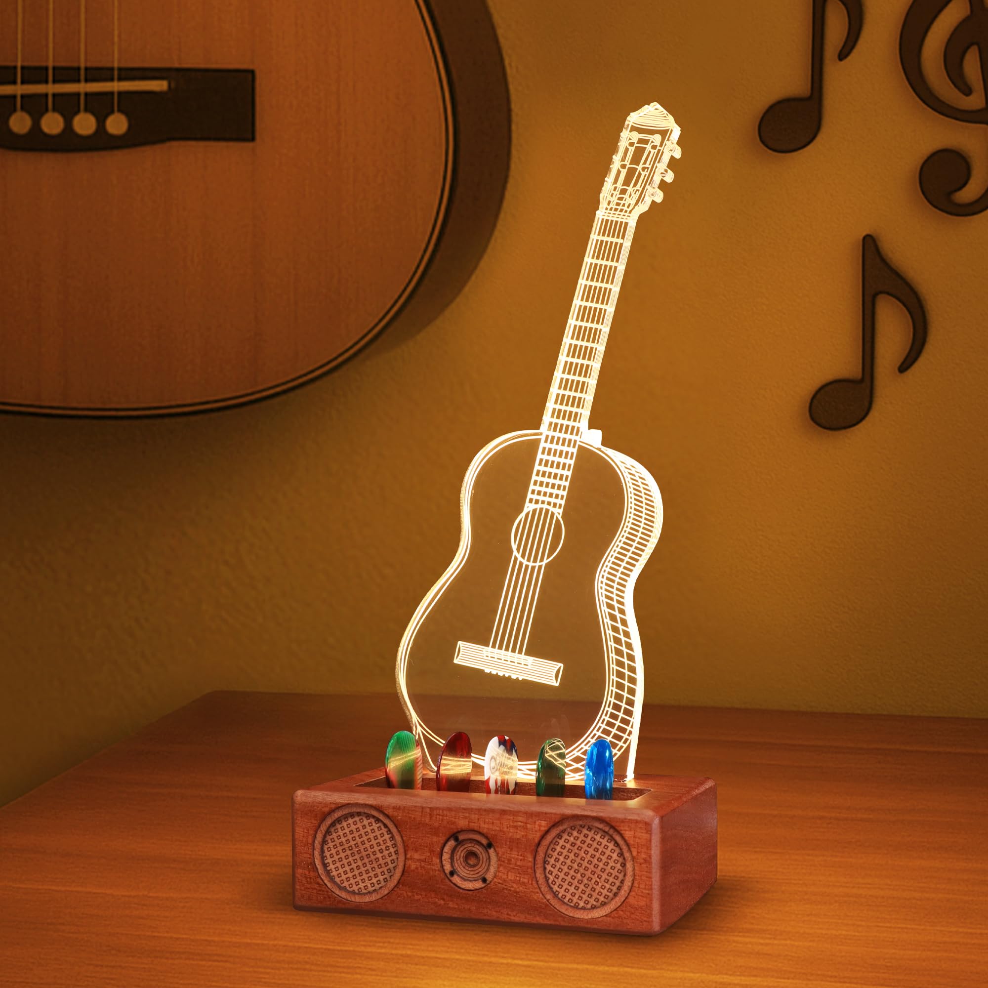 CoolGift Mart Leuchtender Gitarren-Pick-Halter, Acryl Akustikgitarre Pick Holder mit Vintage Audio Modellierung hölzerne Basis für Picks Lagerung und Anzeige, Geschenk für Gitarristen Gitarristen