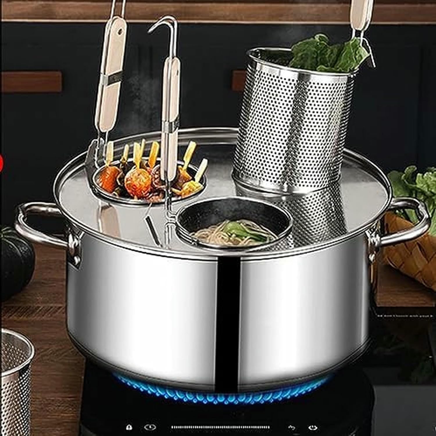 ステンレススチール製電磁調理器用鍋、耐性、5つの穴付き、パスタ、スープ調理用、家庭、キッチン、レストランで多用途