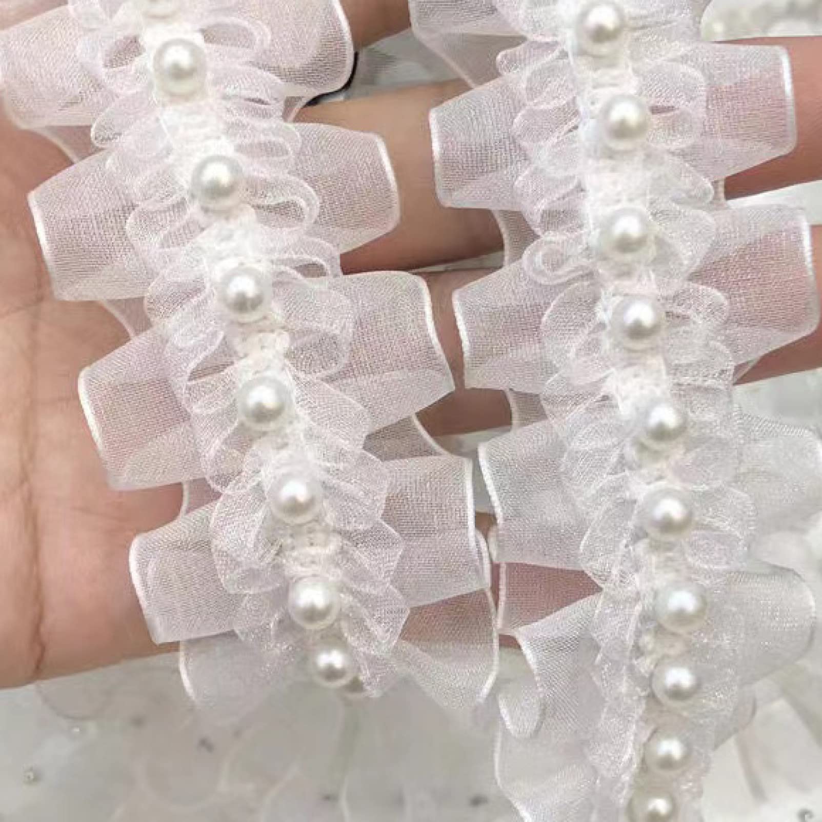 Ribete de encaje, ribete de encaje de tul blanco bordado con patrón floral, apliques de volantes de costura para collares y decoración de vestidos (3 yardas)