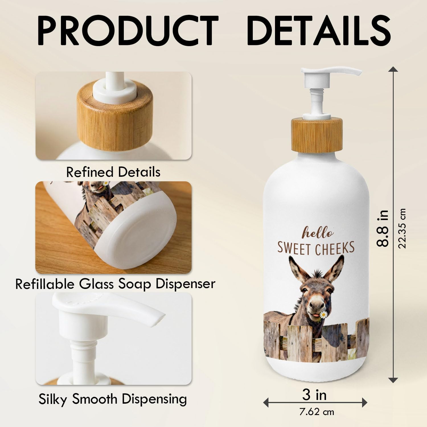 Funny Donkey Soap Dispenser, Hello Sweet Cheeks Bathroom Decor Glass Soap Dispenser, Farmhouse Farm Animal Refillable Handsoap Pump Bottle for Bathroom Washroom Restroom Countertop image 5