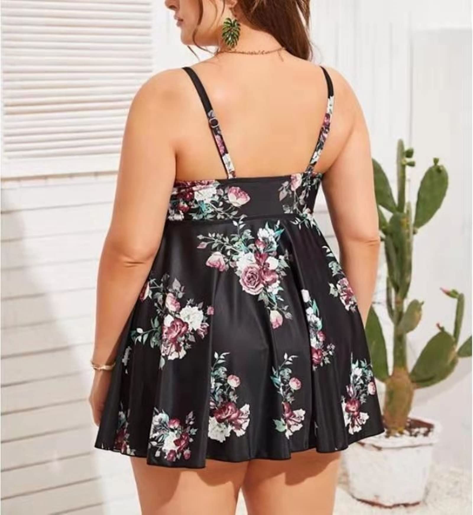 Sukienka pływacka plus size, czarna, damski 2-częściowy strój kąpielowy z kwiatami i liśćmi, na imprezę na plaży, na zewnątrz, rozmiar L-5XL, Czarny, XXL-3XL duże rozmiary