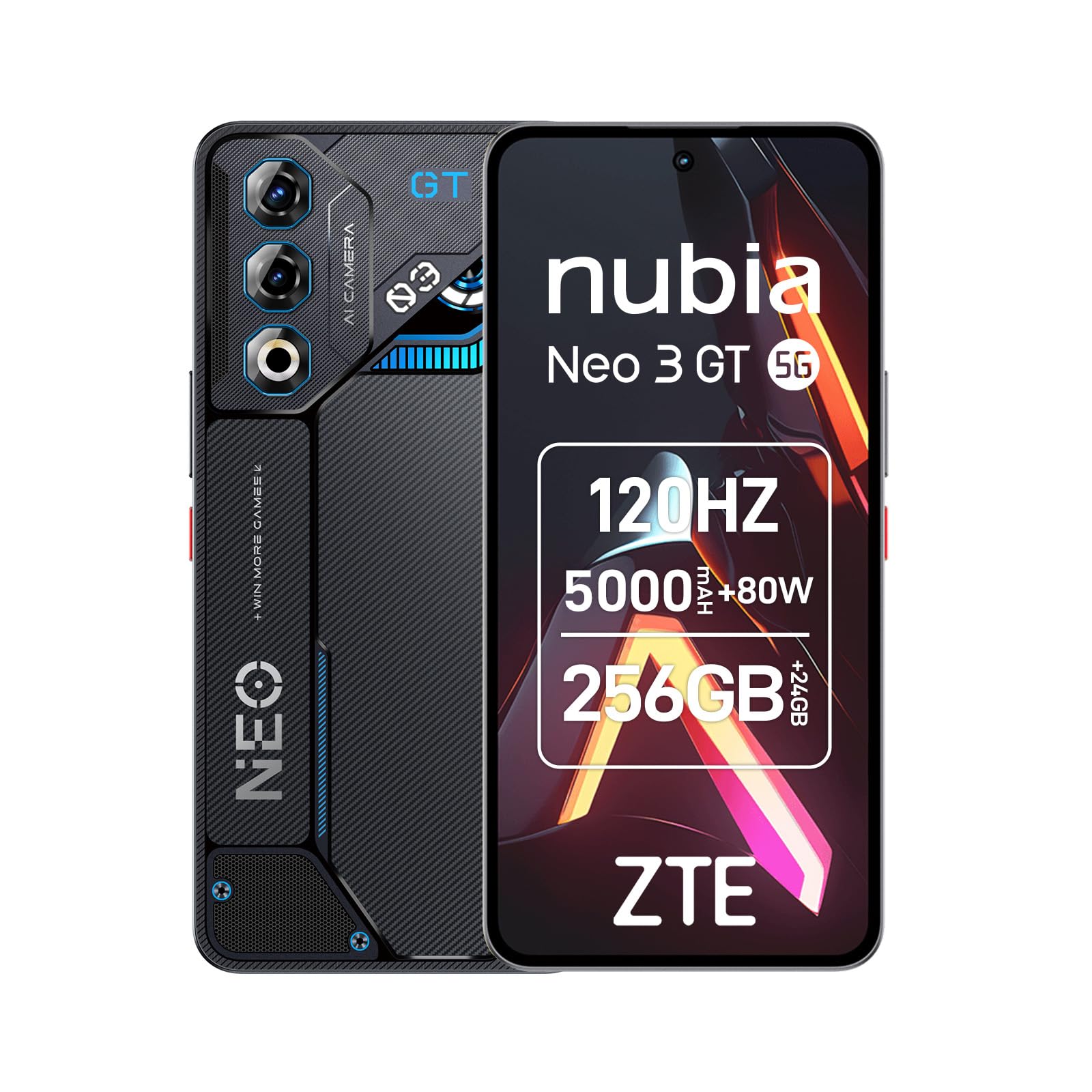 nubia ZTE Neo 3 GT 5G Gaming Smartphone mit IA, 12GB+256GB, Seitenauslöser, LED-Lichter, 6,8" 120Hz OLED Display, 5000mAh Akku, Android 15, grau
