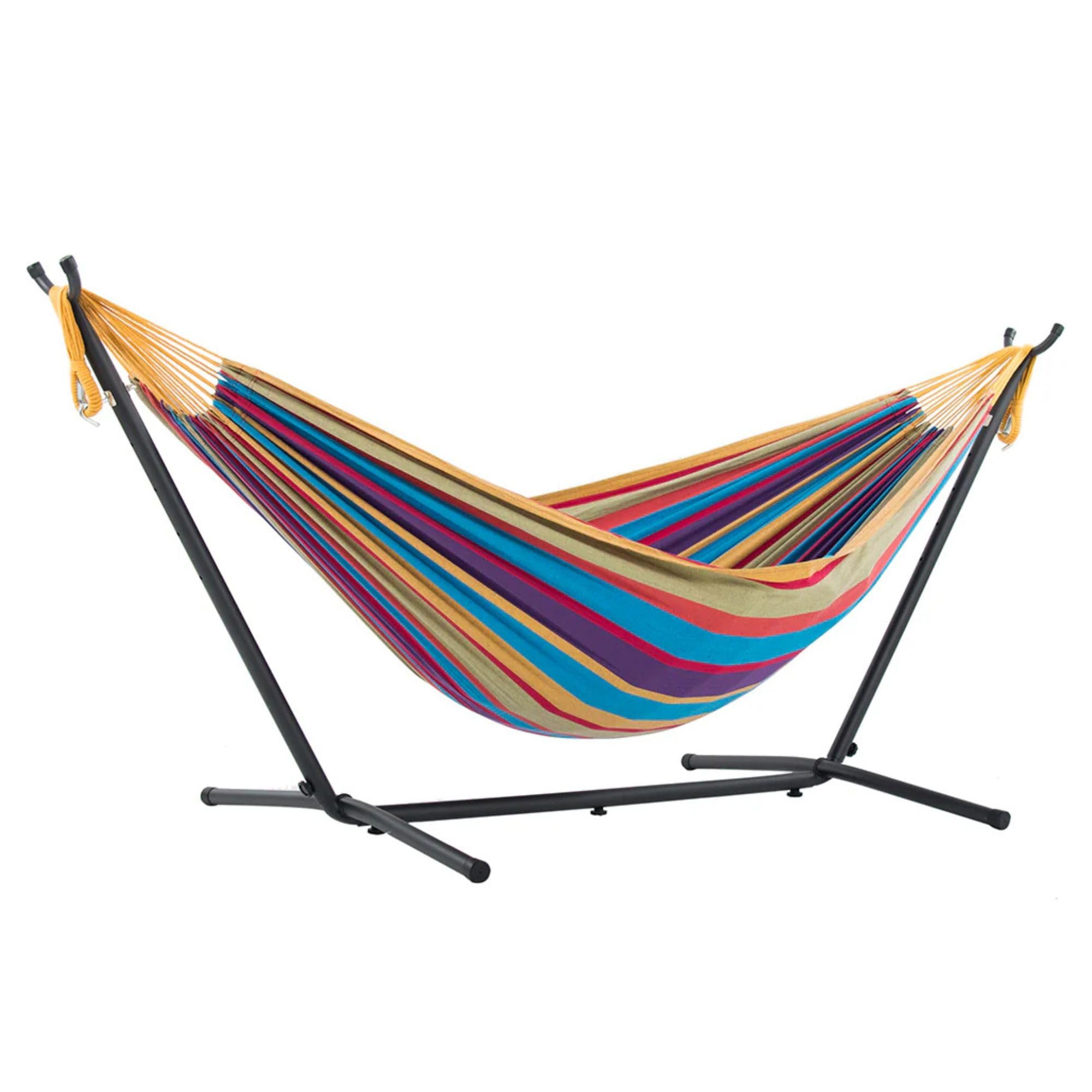 Vivere Double Cotton Hammock with Space Saving Steel Stand, Tropical (450 lb Capacity - Premium Carry Bag Included)