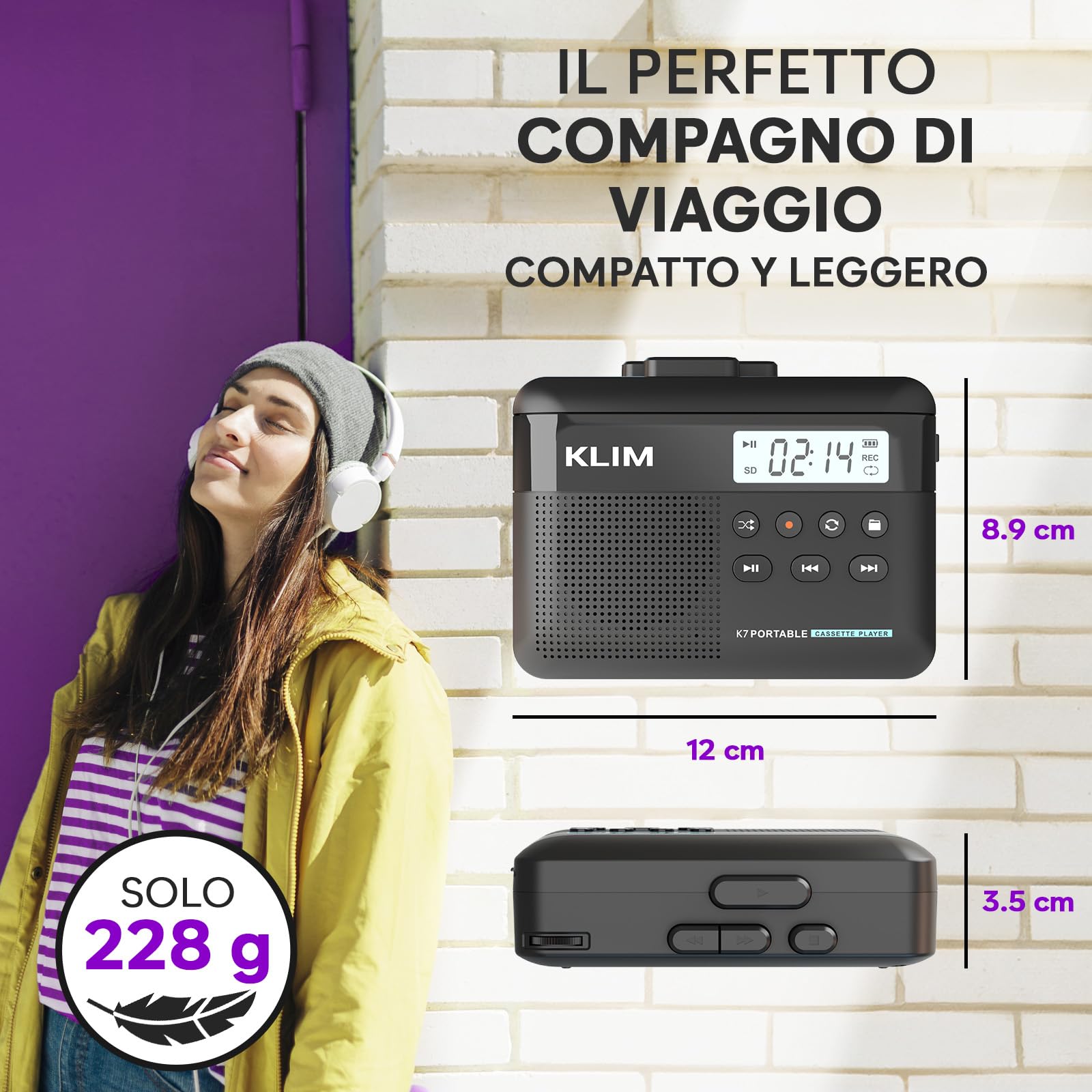 K7 Cassette Player MP3 Converter Portatile con Auricolari - Batteria Ricaricabile - Scheda SD 16 GB Nero