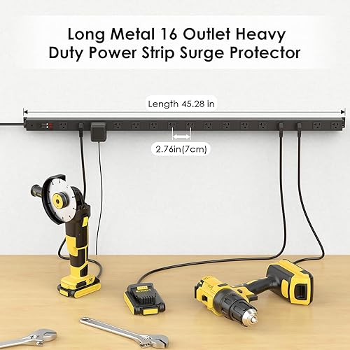 Miniatura 2 de JUNNUJ Regleta de alimentación larga de metal de 16 tomas, tira de alimentación industrial resistente para garaje, protección contra sobretensiones,