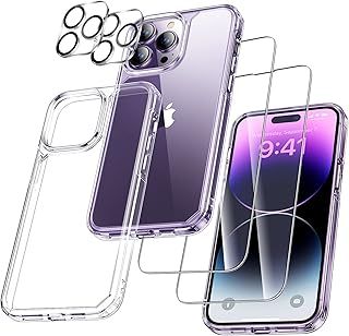 [5 in 1] UniqueMe Designed for iPhone 14 Pro Max Case with 2 Pack Tempered Glass Screen Protector +2pcs Camera Lens Protector, [Military Grade Protection] Shockproof, Slim Thin, Anti-Scratch Kit-Clear