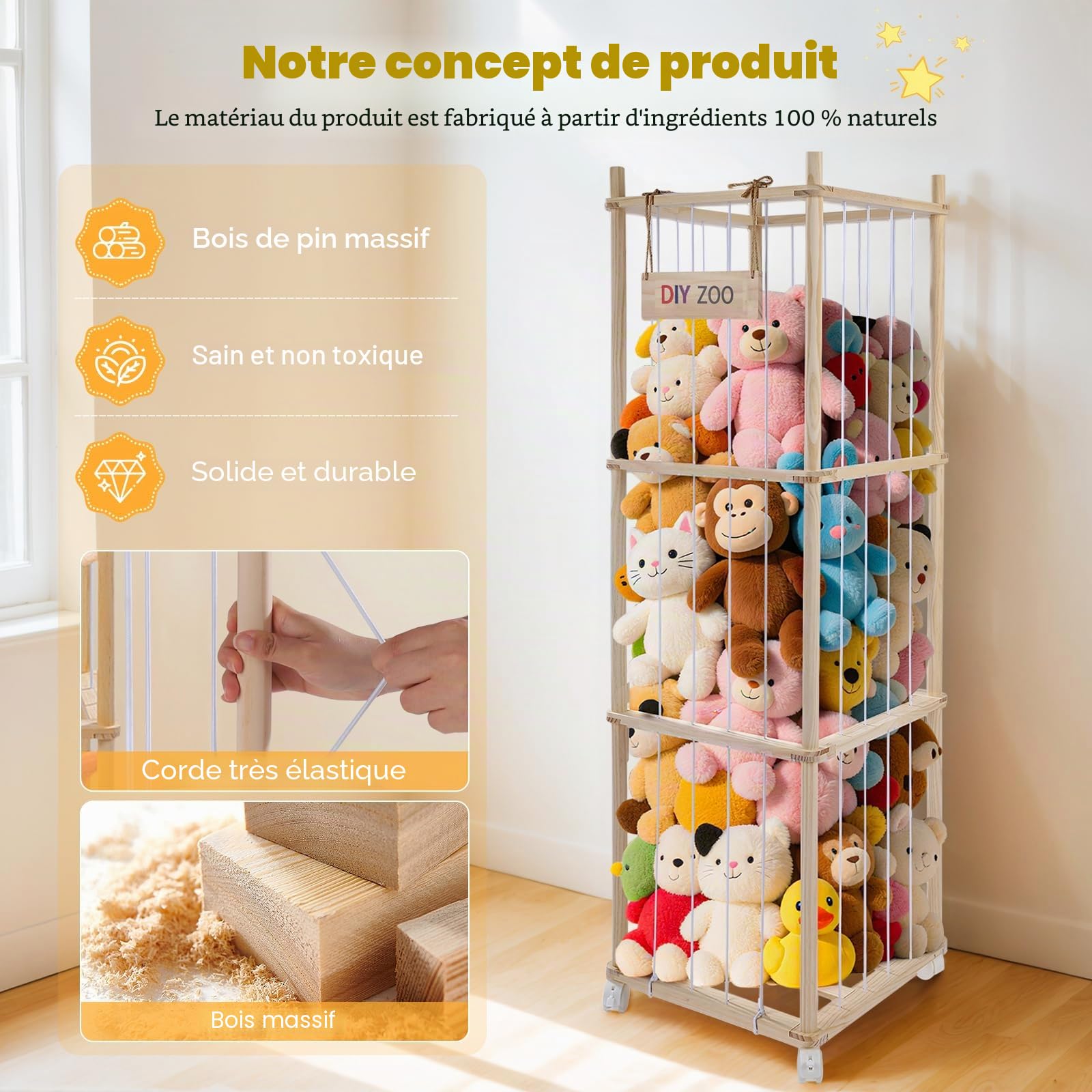 Conteneur pour animaux en peluche, 138 x 41 x 41 cm pour jouets souples en bois massif avec roues pivotantes verrouillables à 360 °, boîte pour jouets en peluche pour chambres, séjour