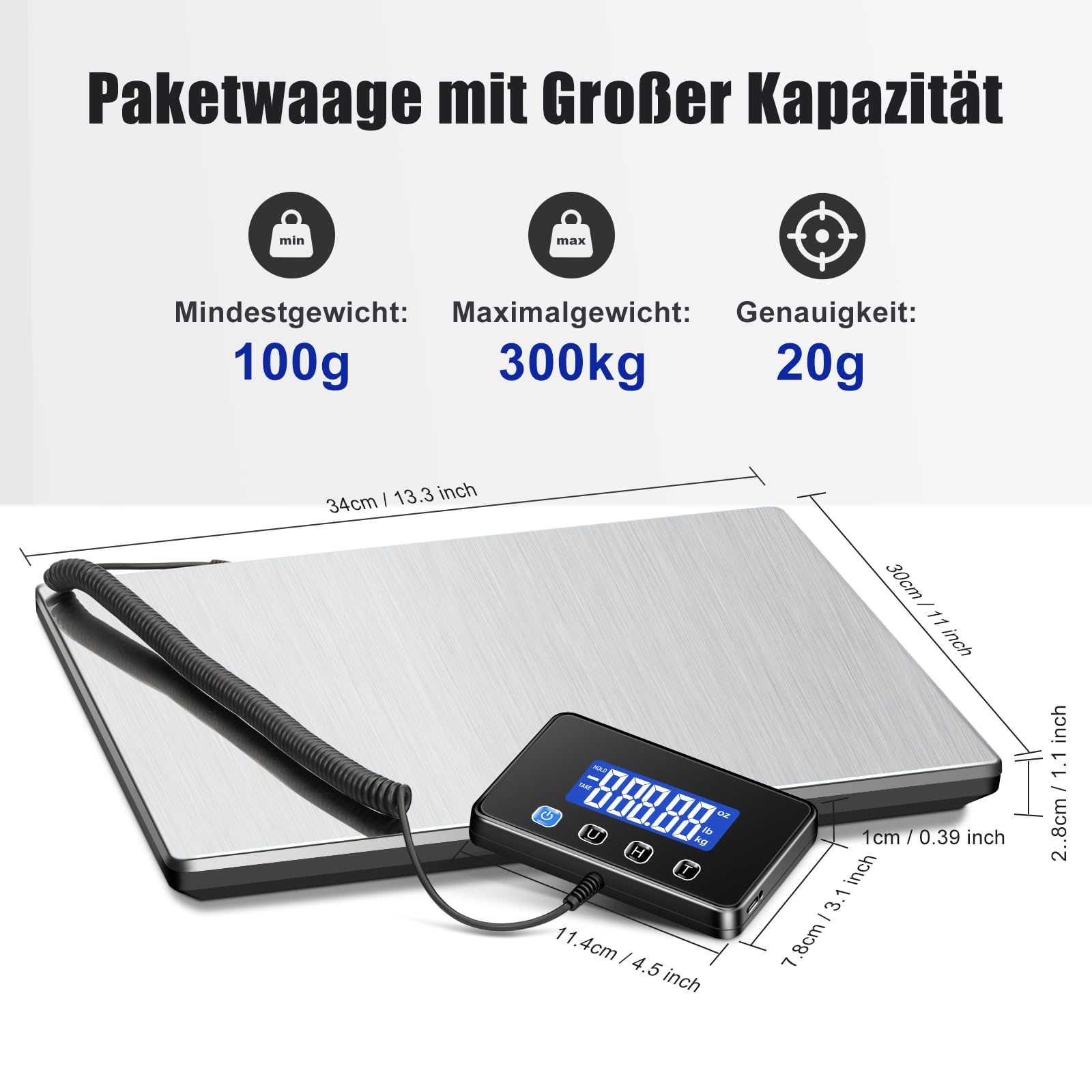 KUAIVO Paketwaage 300kg/20g Hochpräzise Plattformwaage Edelstahl LCD Hold Tara aufladbar