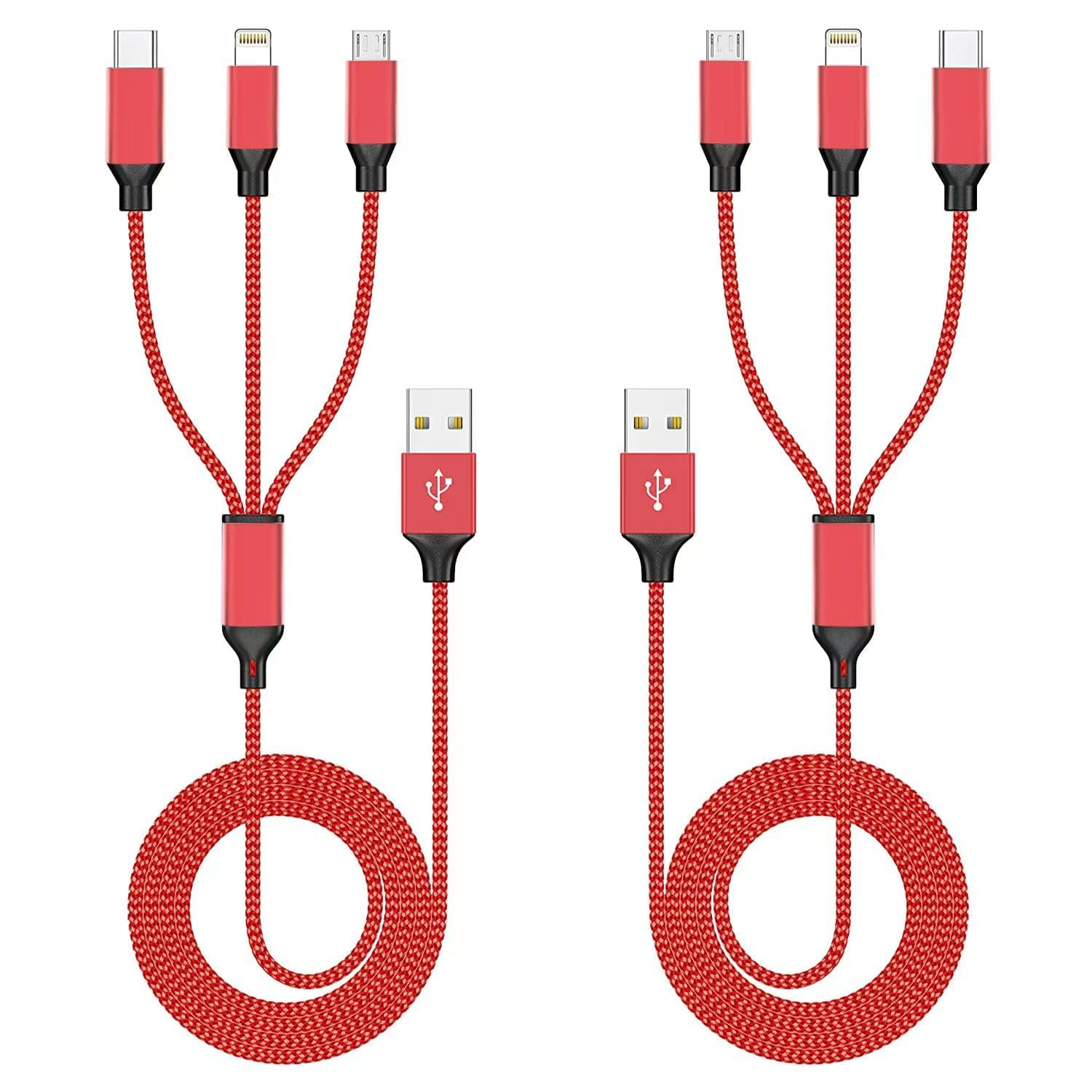 Multi Charging Cable(2Pack 4FT), Nylon Braided 3 in 1 Universal Phone Charger Fast Charging with Type-C/Micro USB and IP Port, Compatible with Most Cell Phones（Red）Carbonfree Certified