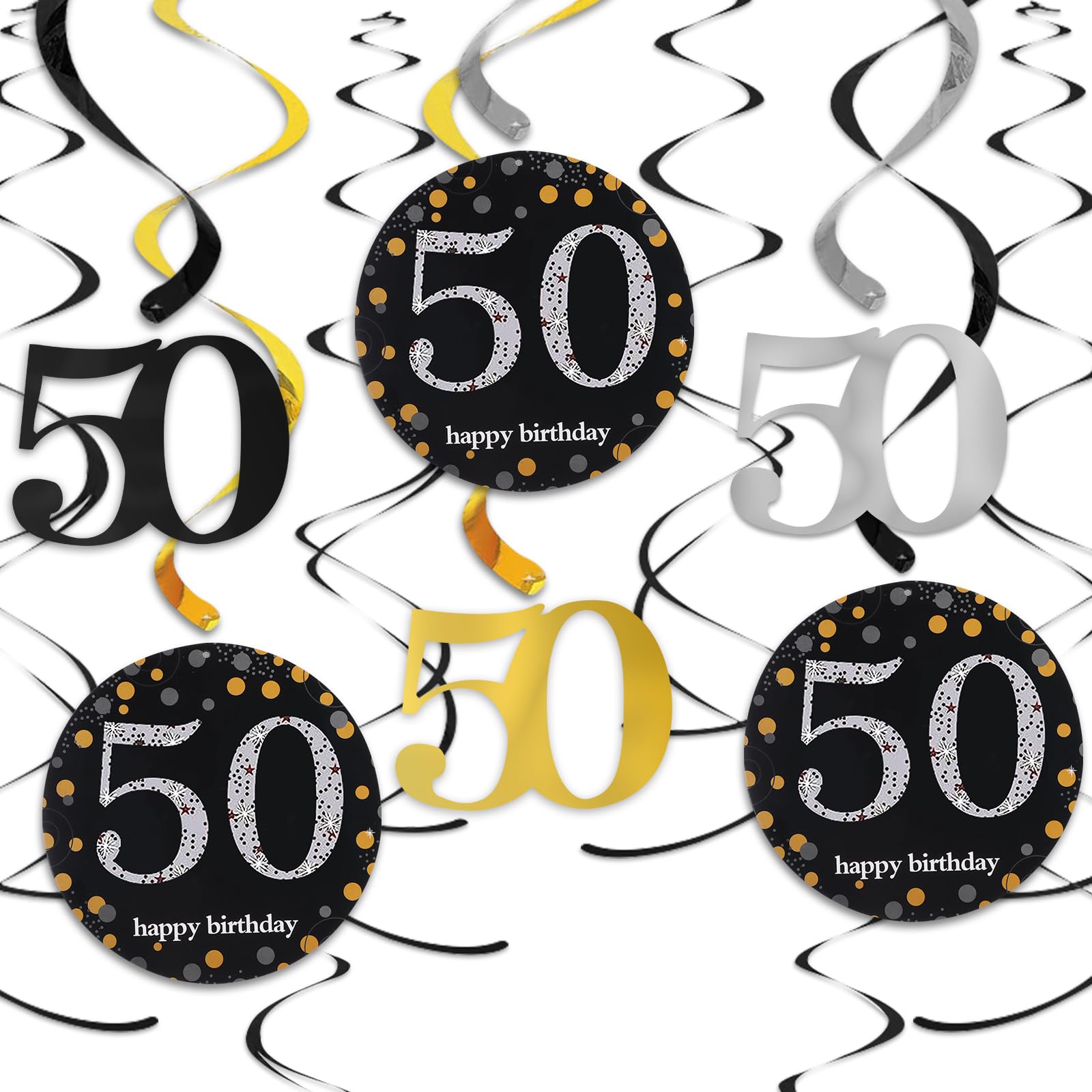 50 Stück Schwarz-goldene Geburtstags-Deko – Hängende Wirbel Mit LED-Licht, Für Party, Jahrestag & Feiern