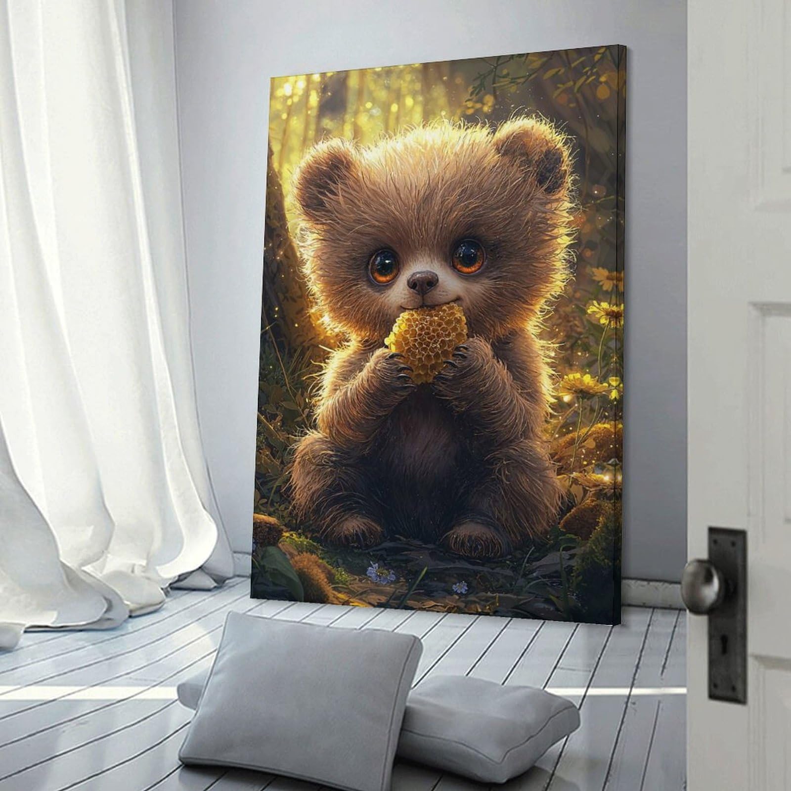 Junmoney Frame-Style-9 Cute Honey Bear Canvas Wall Art 20X30inch(50X75cm), For Workspace Walls, Study Corners Or Bedrooms, Wall Art That Adds Style To Work Areas