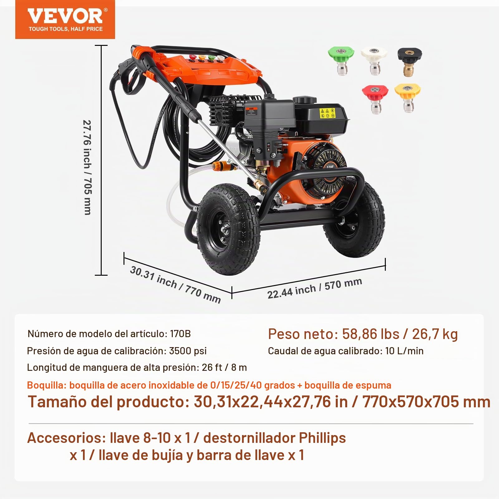 VEVOR Lavadora de Alta Presión a Gas 3500 PSI 2,6 GPM Limpiador de Alta Presión 10 L/min con Bomba de Aluminio, Pistola Rociadora, Varilla de Extensión, 5 Boquillas para Casas, Vehículos, Patios