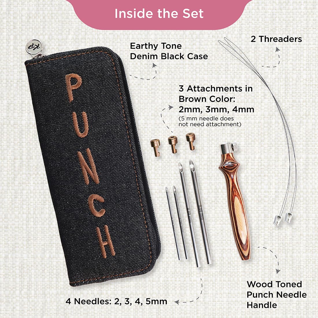 KnitPro - KnitPro Liscio Finito Terroso Legna e Brillante Metallo Punch Aghi Ricamo Kit - 1 Impostato