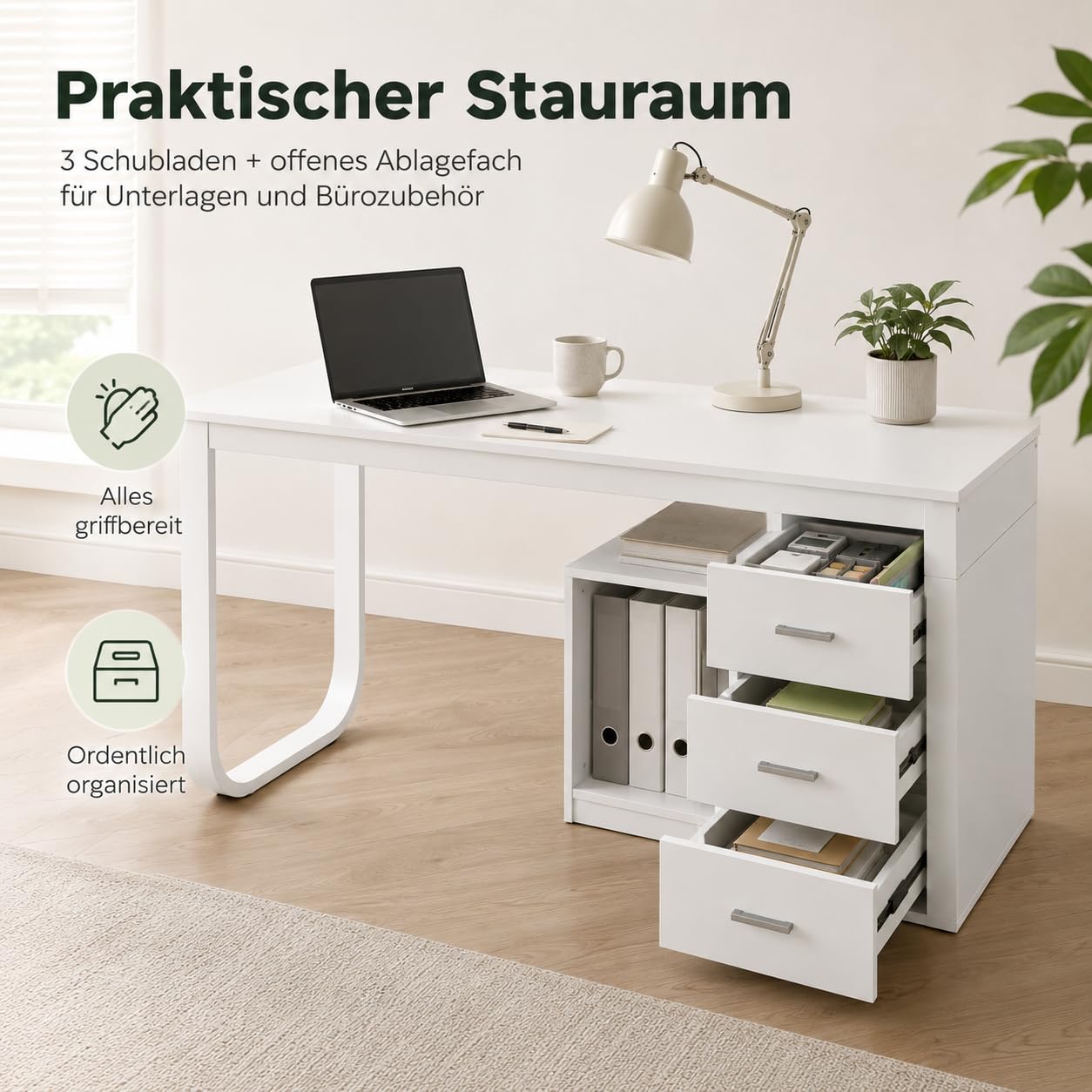 Schreibtisch Weiß mit 3 Schubladen und Regal, Computertisch mit Stauraum, Arbeitstisch für Homeoffice, Jugendzimmer und Büro, 140 x 105 x 75 cm