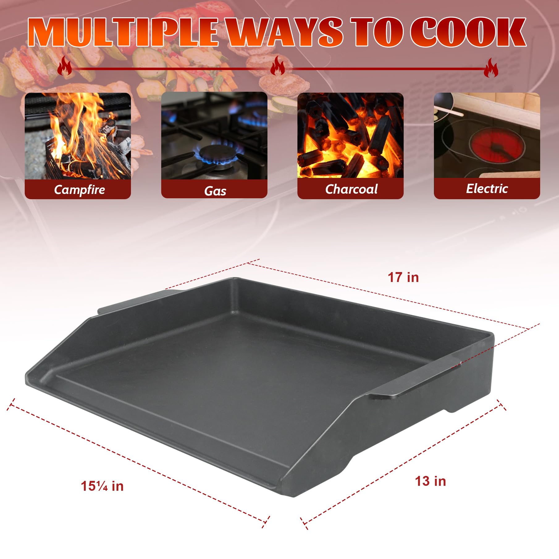 Piastra in ghisa smaltata aggiornata, 43,2 x 33 cm, pareti laterali alte 6,5 cm, top piatto antiaderente portatile con doppie maniglie, universale per barbecue a gas e fornello da campeggio