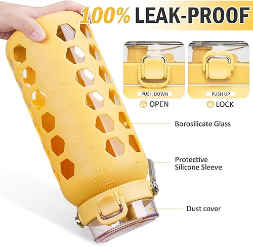 Miniatura 4 de MUKOKO Botellas de agua de vidrio de 64 onzas con popote y tapa, botella de agua de medio galón con marcador de tiempo, jarra de agua de vidrio