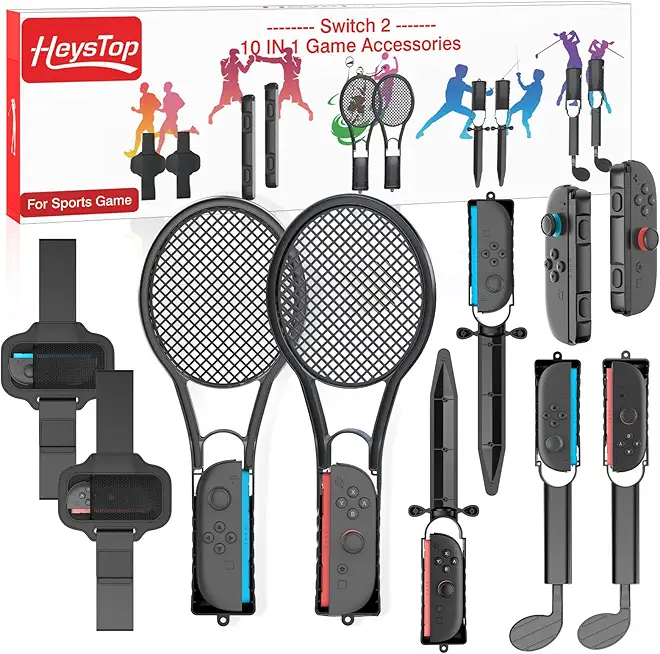HEYSTOP Sport Zubehör Set für Nintendo Switch 2 Controller, 10-in-1-Spielzubehör-Bundle Set mit Golf Club, Tennisschlägern und Weiterem Sportspiel-Zubehör für Familien und Freundespartys