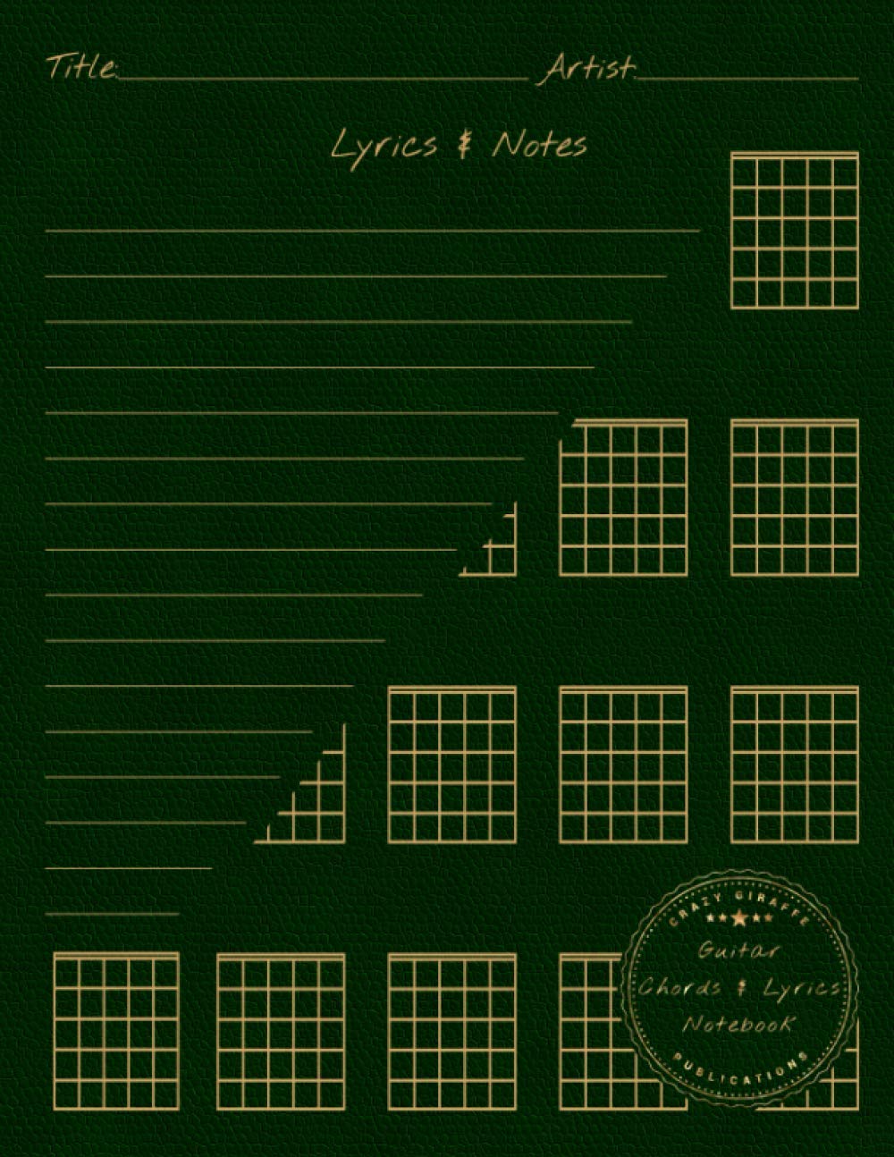 Guitar Chords & Lyrics Notebook: Blank Guitar Chord Diagrams and Lines for Lyrics for Guitarists - Green Leather Print Cover