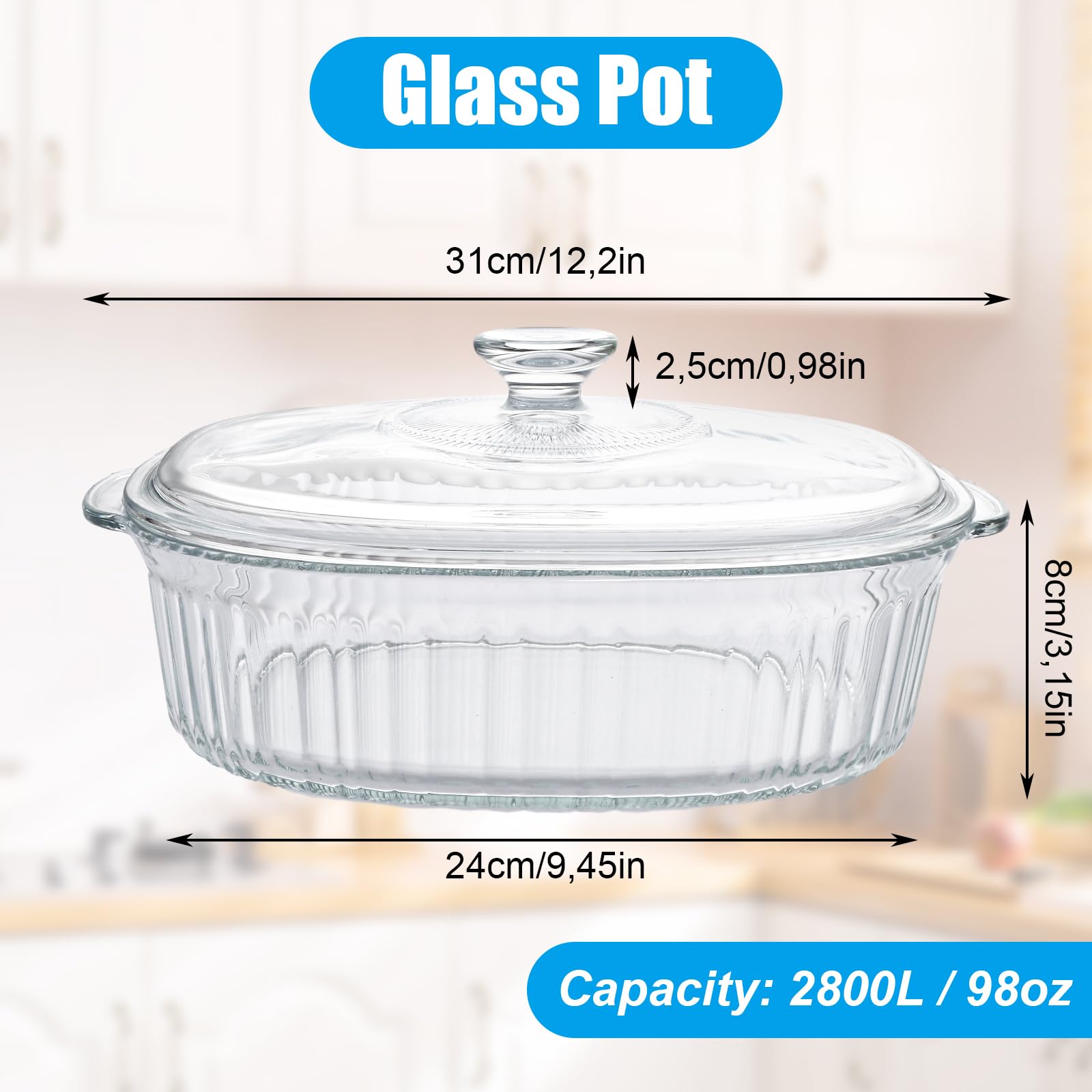 MUHXEL - Cacerola de cristal con tapa de 2,8 l con tapa, de vidrio resistente al calor, 2800 ml, para asar de cristal con tapa y asas, vidrio de borosilicato, para marinar, hornear, cocinar