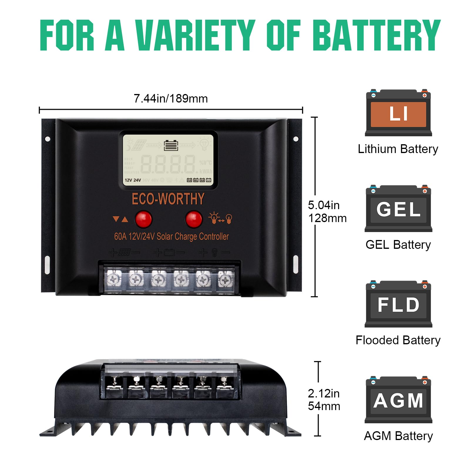 ECO-WORTHY Regolatore di carica solare 12 V/24 V 60 A con display LCD per batterie SALE/GELLI/FLD, protezione intelligente del modulo multi-carico max. 2000 W per camper / casa/fattoria