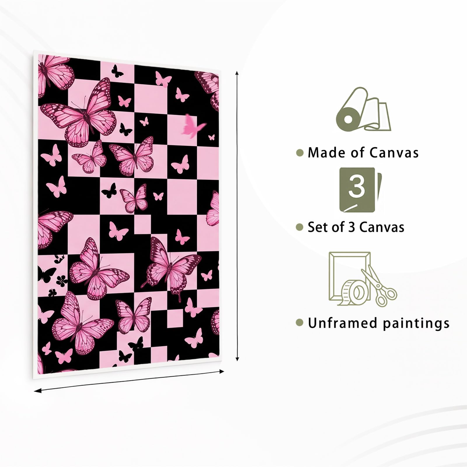 Generisch Juego de 3 pósteres Y2K a cuadros, cuadros negros y rosados, mariposas en negro, para salón, dormitorio, comedor, arte de pared, sin marco, lienzo (40 x 60 cm)