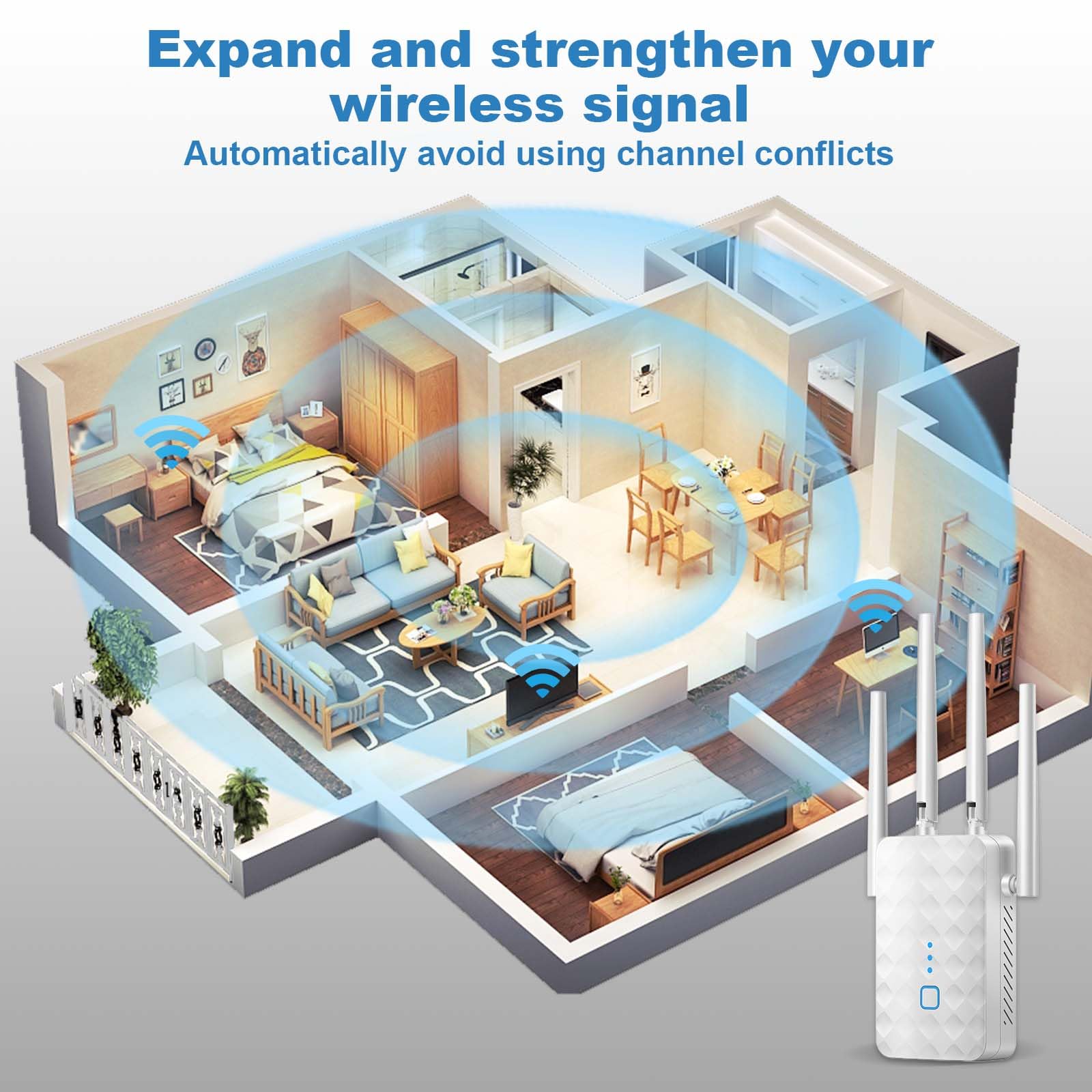 Wzmacniacz sygnału WiFi 1200 Mbit/s Dual Band 5 GHz + 2,4 GHz - przedłużacz WiFi 4 anteny, port Gigabit LAN, tryb AP/repeater, WPS, kompatybilny ze wszystkimi routerami Ethernet WAN (czarny)