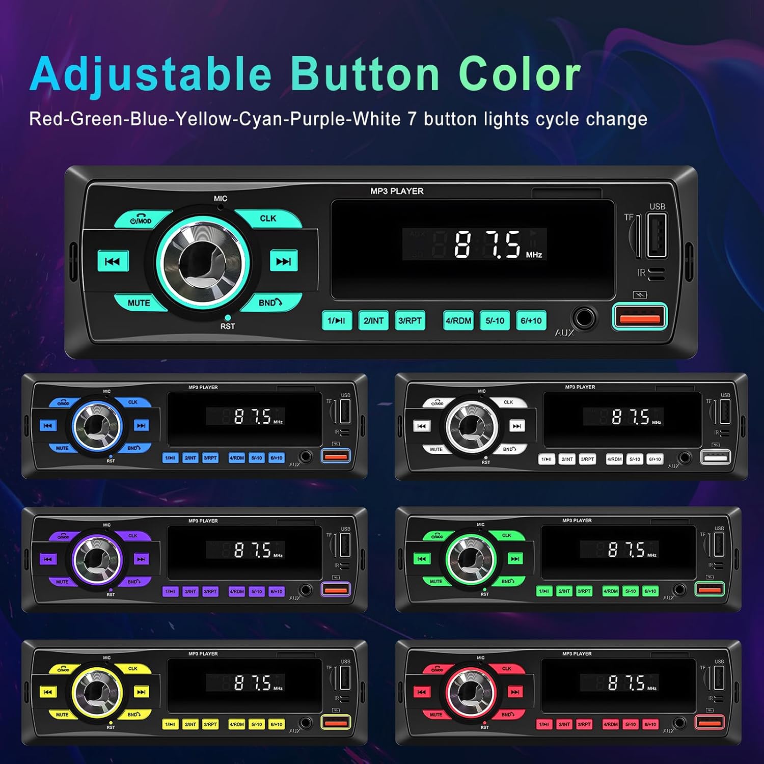 Image showing the car stereo with buttons illuminated in various colors: Red, Green, Blue, Yellow, Cyan, Purple, White.