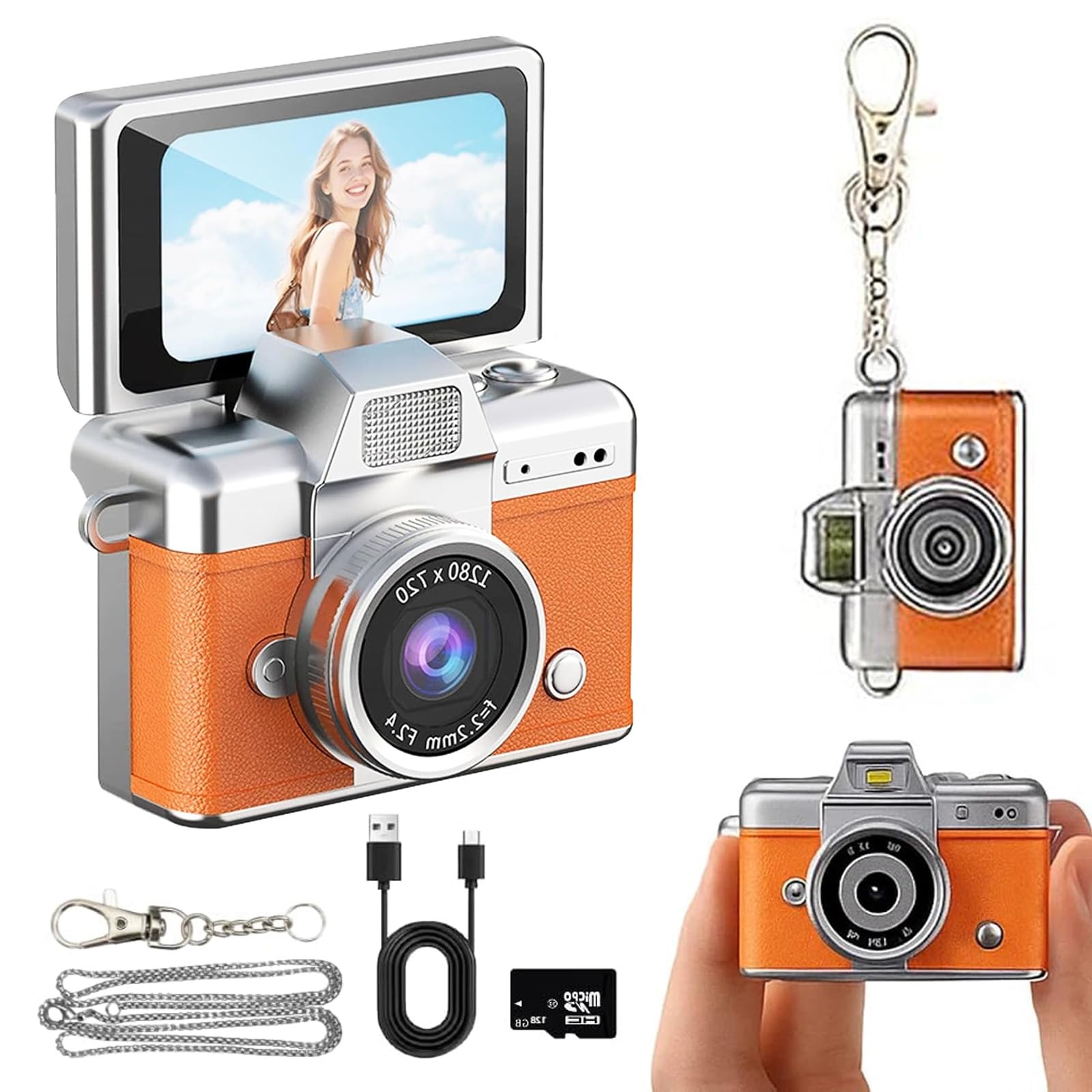 Photo 1 of 1.47" LCD Flip Screen Retro Keychain Camera, 32GB Card, Built-in Flash & Strap, Portable Camera for Travel, Concerts, Students