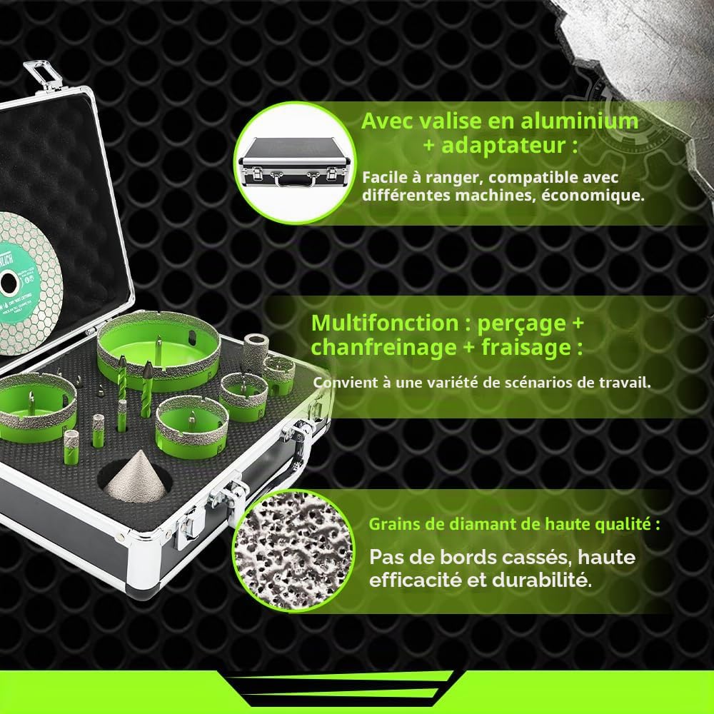 Scie Cloche Carrelage Kit - 16 Pièces Foret Diamant Carrelage Kit(6/8/10/25/35/50/65/100mm+20mm Fraise+50mm Foret Chanfreineuse+Adaptateur+Disque Diamant),avec Trépans Tige Triangulaire
