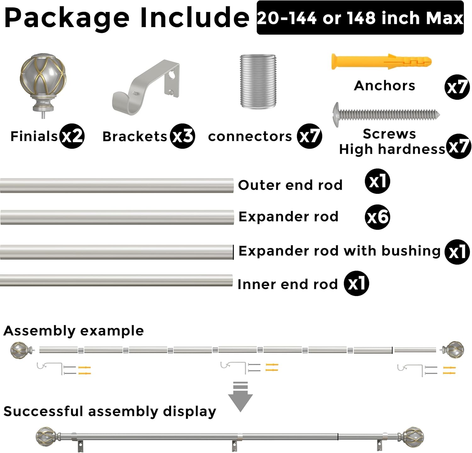 Curtain Rods 18-152 inch, for Window 144 Inch, Adjustable Length Heavy Duty Diameter 7/8 inch, Decorative Finials, Silver