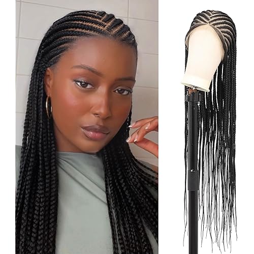 Lexqui 36 Inch Cornrow Braided Wigs 13X8 HD Lace Front Braided Wig for Women Braided Lace Front Wigs Middle Parted Box Braid Wig Human Hair Blended Full Lace Braided Wig Black