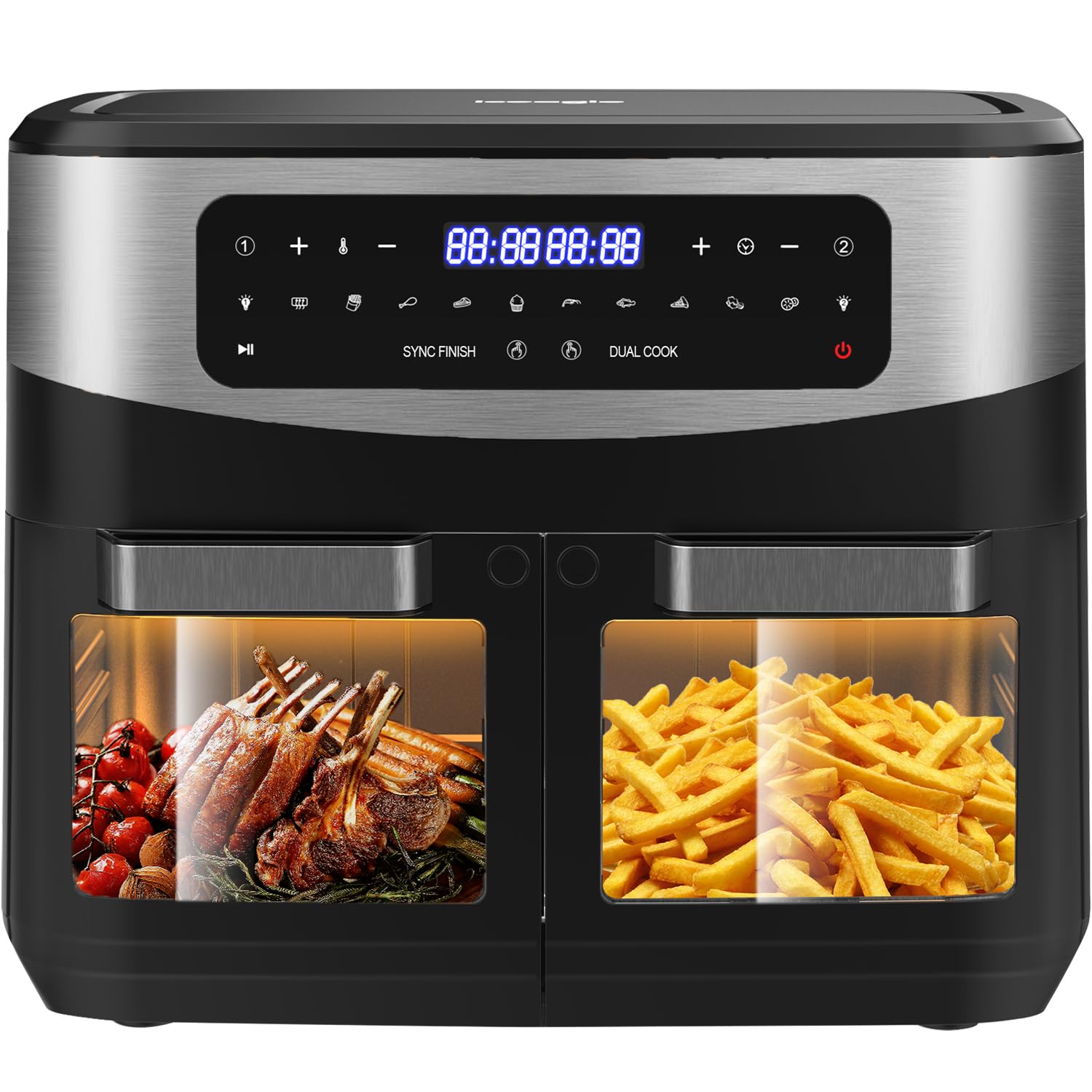 Iceagle Freidora Aire Doble Cestas 12 L Air Fryer - Freidora sin Aceite 2600 W con 10 Funciones, Ventana visible, Pantalla Táctil LED, Match Cook & Smart Cook, Función Deshidratada, Temporizador