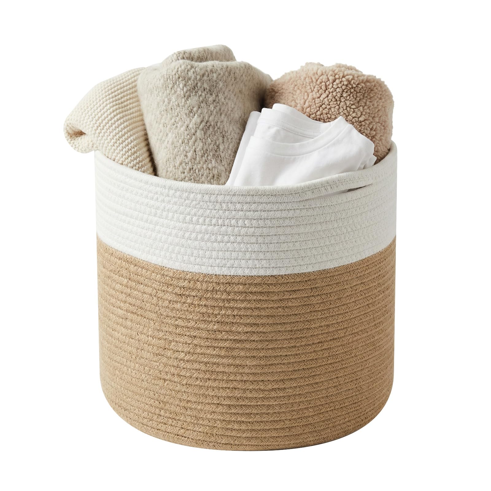 Woven Cotton Rope Laundry Basket, 21L Round Blanket Basket with Handle, Dirty Clothes Basket, Toy Storage, Decorative Plant Pots Indoor, Plant Baskets Indoors for Home Office 30x30cm (White, Brown)
