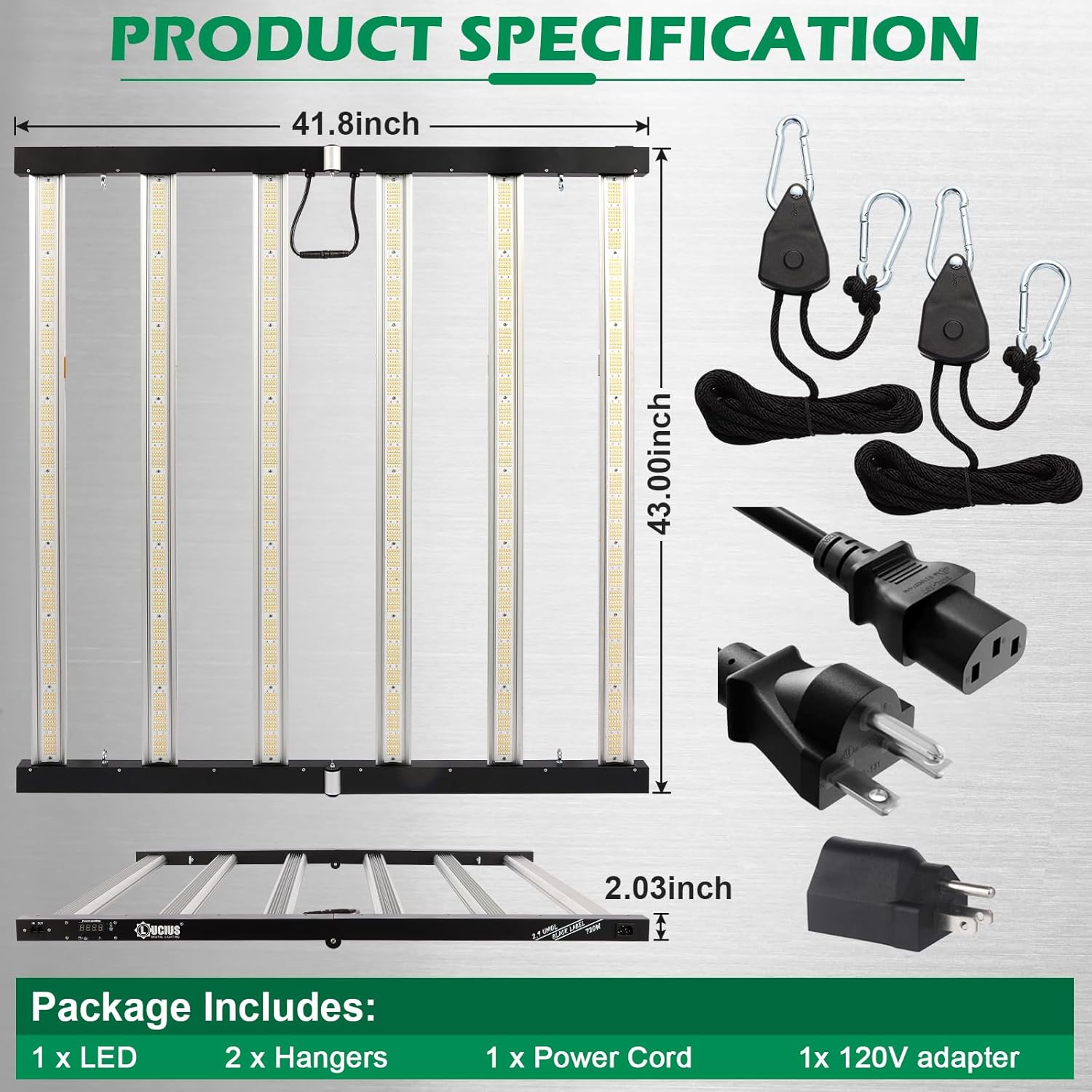 Lucius 720W LED Grow Light with LED Display, LM281B Diodes, Full Spectrum Grow Lamp for Indoor Plants, 2088μmol/s, 2.9μmol/J,Dimmable 0–100%,Ideal for Hydroponics, Greenhouse,100/277V