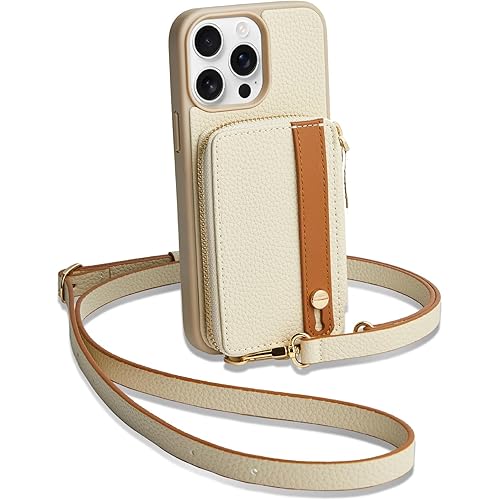 LAMEEKU for iPhone 14 Pro Max Wallet Case with Card Holder, Zipper Leather Crossbody Case with Kickstand Lanyard for Women, Cover with Phone Grip Holder Stand for Apple iPhone 14 Pro Max 6.7" Beige