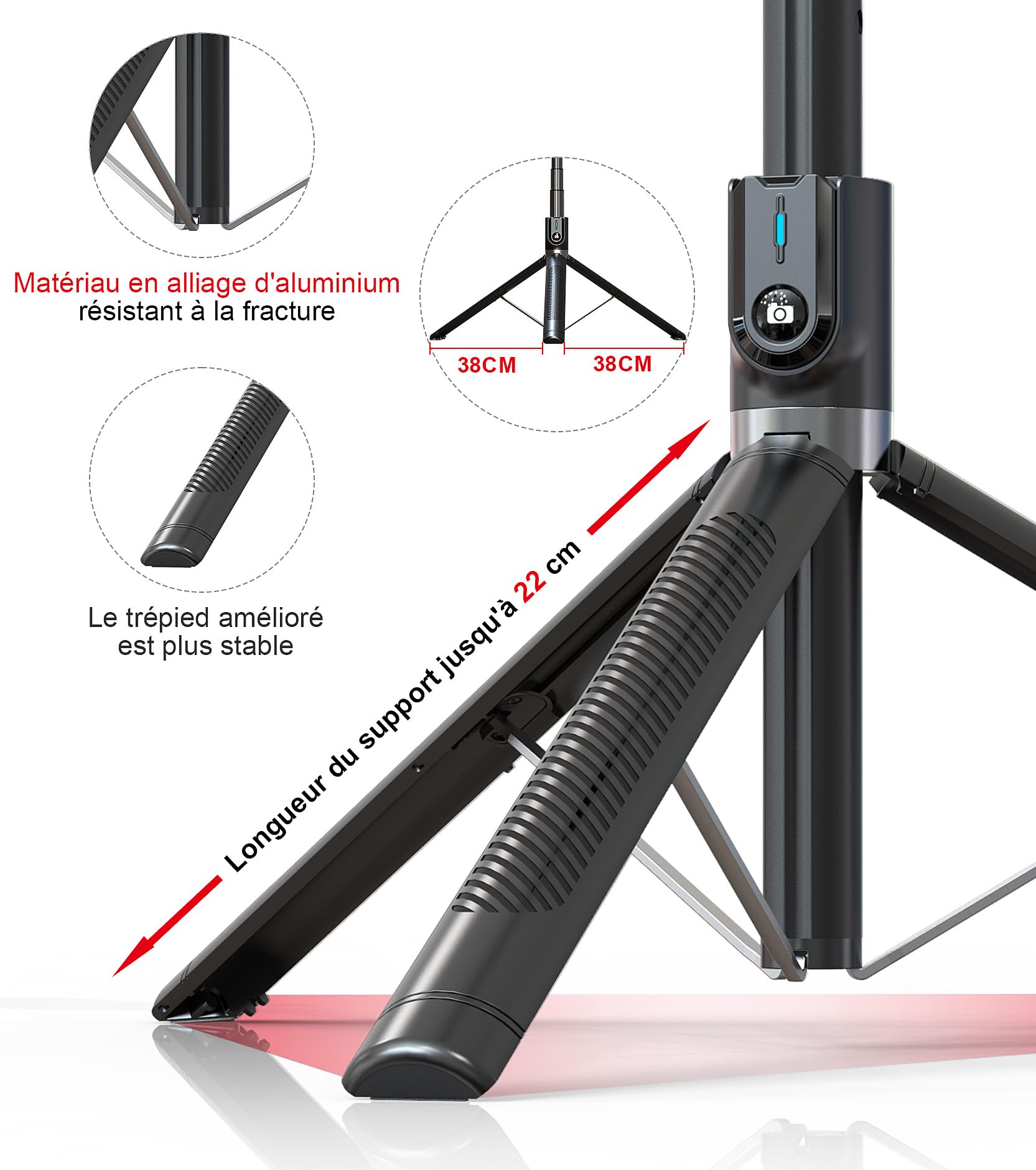 Perche à Selfie Trépied pour Smartphone - ASHINER 180cm Hauteur Support de Téléphone avec Télécommande et Lumières LED pour Voyages, Vlogs, Vidéos et Photos, Compatible avec Les iPhone et Android