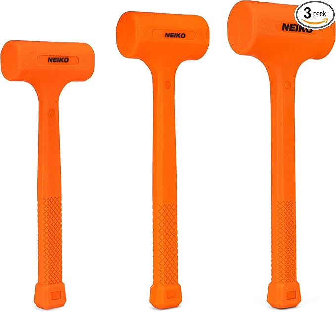 NEIKO 02888A Dead Blow Hammer Set, 3pc Neon Orange Deadblow Mallet, 1lb, 2lb, 3lb Hammers, Spark and Rebound Resistant, Unibody Molded, Checkered Grip