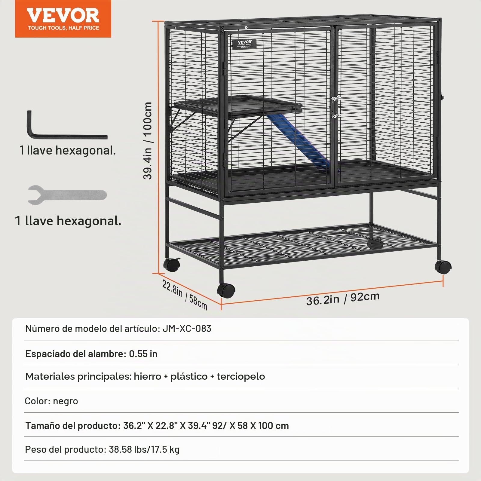VEVOR Jaula para Hurones de Metal con Ruedas 1000 mm Jaula para Animales Pequeños de 2 Niveles con Rampa y Bandeja para Ratas, Hámster, Conejillo de Indias, Chinchilla, Ardilla, Erizo, Conejo