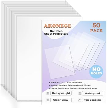 AKONEGE 50 Pack No Holes Sheet Protectors 8.5 x 11 Inch Letter Size Page Protectors for Documents, Prints, Top Loading Heavyweight Clear View Plastic Sleeves for Papers, Artworks, Photos