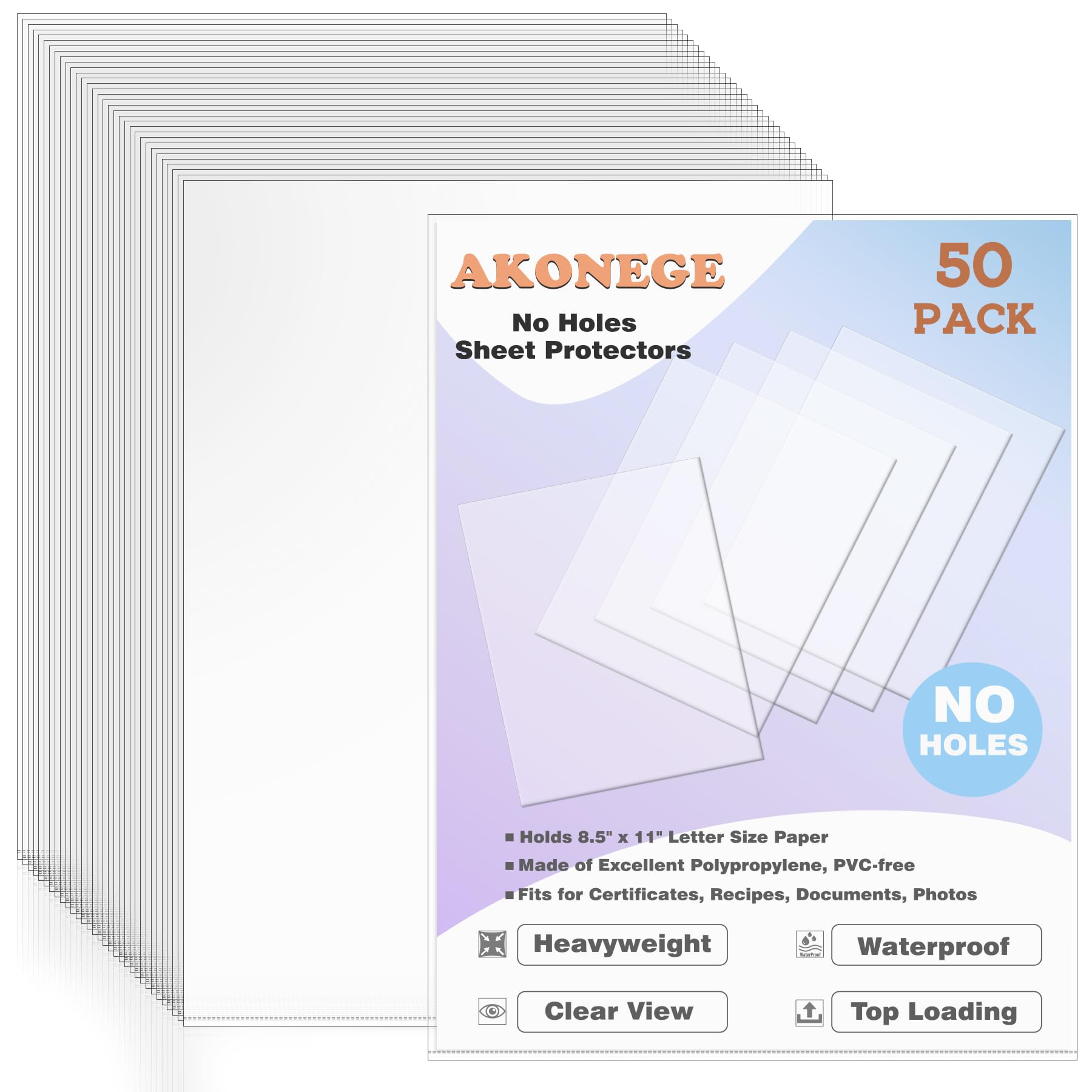 AKONEGE 50 Pack No Holes Sheet Protectors 8.5 x 11 Inch Letter Size Page Protectors for Documents, Prints, Top Loading Heavyweight Clear View Plastic