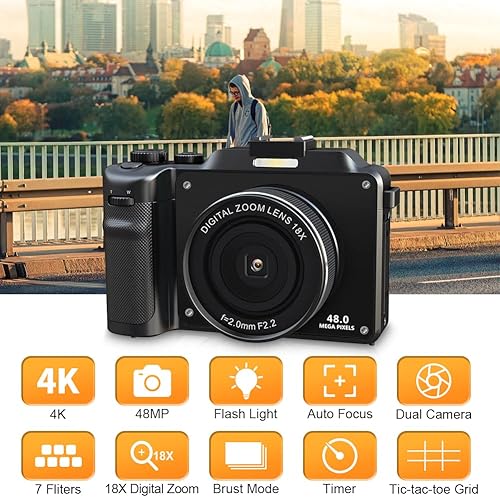 Miniatura 2 de Cámara de vlogging 4K 48MP Cámara digital de enfoque automático para fotografía con zoom digital de 18X y cámara de disparo con tarjeta TF de 64 GB,